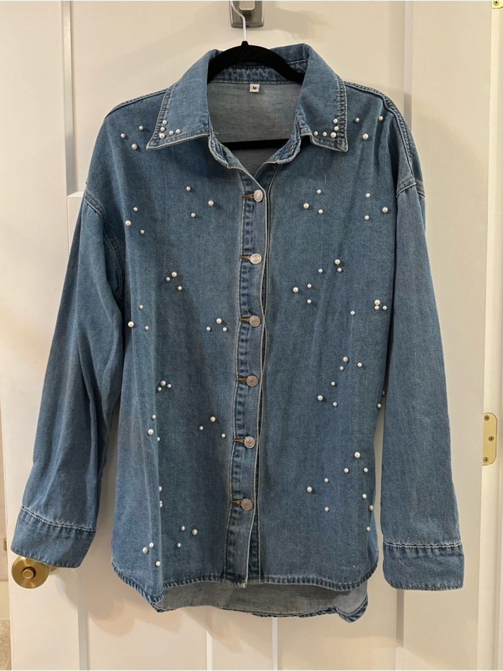 Pearl-Embellished Denim Button-Up long sleeve  - Blue - Picture 3 of 4